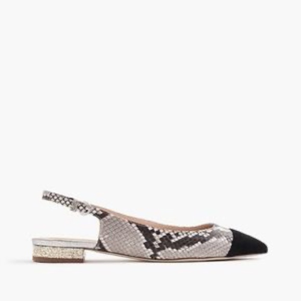 J. Crew Snakeskin Slides Slingback Glitter Heel Flats